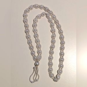 Vintage Faux Pearl Floral Pattern Beaded Tassel Necklace